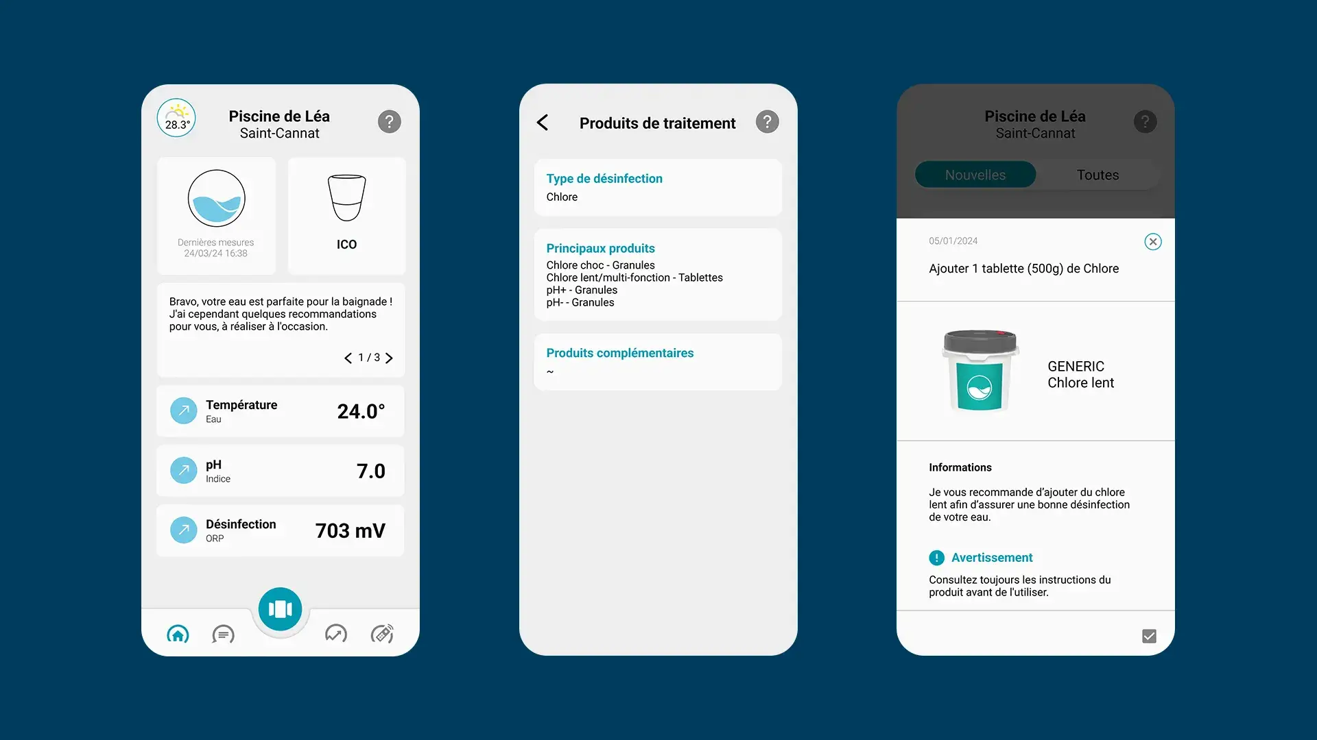 Visuels de l'application avec le Water Index, les recommandations ainsi que la page des produits de traitement